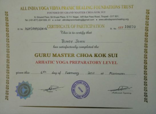 Arhatic Yoga prepararatry level certified in North Paravoor Kochi Kerala India