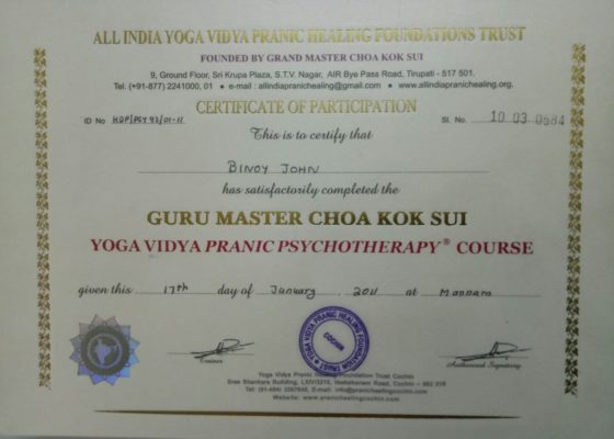 Pranic psychotherapy certified in North Paravoor Kochi Kerala India