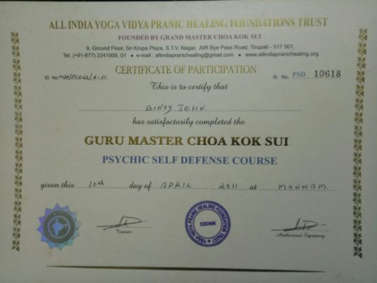 Psychic self defense certified in North Paravoor Kochi Kerala India
