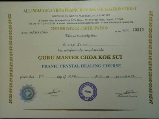 Pranic crystal healing certified in North Paravoor Kochi Kerala India